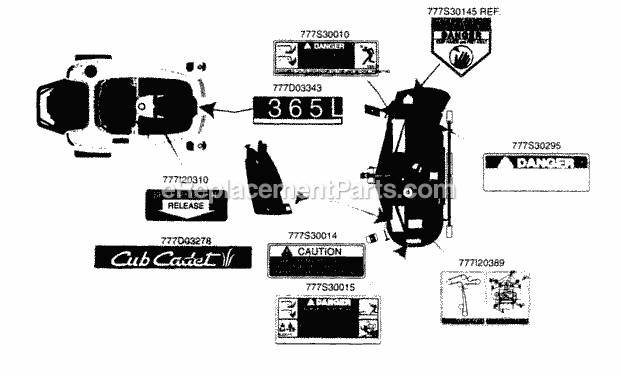 Labels Diagram and Parts List for 365L 53CA1D5K100 Cub Cadet Lawn Mower